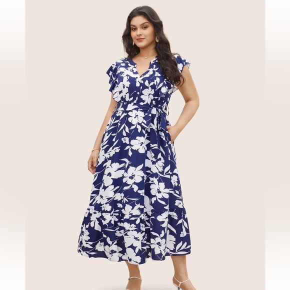 BloomChic Plus Size Silhouette Floral Print Ruffle Cap Sleeve Dress - Picture 1 of 8